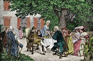 Franklin Collection: Franklin, Hamilton, and other delegates discussing the Constitution