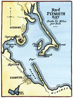 Maps Premium Framed Print Collection: Map of Plymouth Bay, Massachusetts