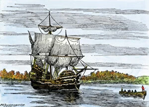 Massachusetts Collection: Mayflower passengers landing at Plymouth, 1620
