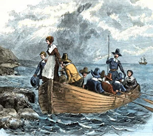 Us A Collection: Mayflower passengers landing at Plymouth Rock, 1620