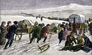 Trains Canvas Print Collection: Mormons caught in a prairie blizzard en route to Utah