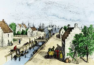 Colonial America illustrations Framed Print Collection: New Amsterdam canal, 1600s