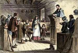 Minister Collection: Plymouth colonists in church, 1620s