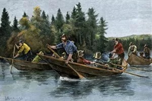 Boat Race Collection: Racing heavy canoes on a northern river, 1800s