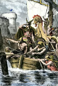Viking ships and weaponry Photographic Print Collection: Viking attack on Paris, France, 885 AD