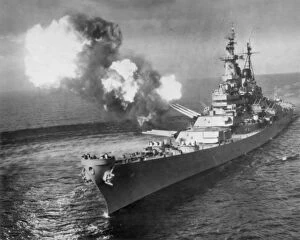 Royal Navy Photo Mug Collection: The battleship U. S. S. Missouri bombards Chong Ji, Korea, with 16-inch guns in October 1950