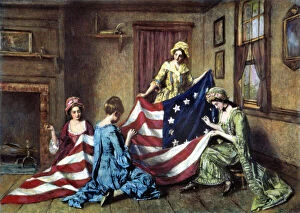 American Revolution Collection: Betsy Ross sewing the first American flag. Painting by Henry Mosler (1841-1920)