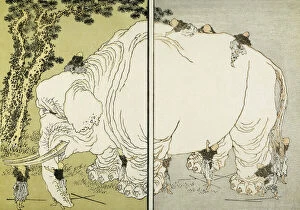 Katsushika Hokusai Metal Print Collection: The Blind Men and the Elephant. Japanese woodblock print from the Manga of Katsushika Hokusai, 1817