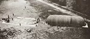 Aviation Fine Art Print Collection: British observation balloon partially inflated at an airfield during World War I. Photograph, c1916