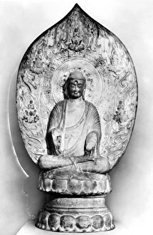 Sakyamuni Collection: Buddha in meditation. White marble with traces of polychrome. Height: 64 in