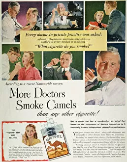 Camel Premium Framed Print Collection: CAMELS CIGARETTE AD, c1950. What Cigarette Do You Smoke, Doctor