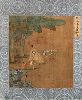 ChineseArt Canvas Print Collection: A Chinese sage sitting on a bench beneath banana trees, with servants preparing a meal