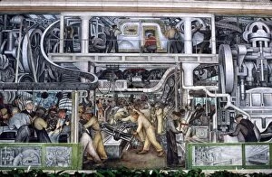 Modern art pieces Cushion Collection: DIEGO RIVERA: DETROIT. Automobile Industry. Large detail of Diego Riveras mural at The Detroit