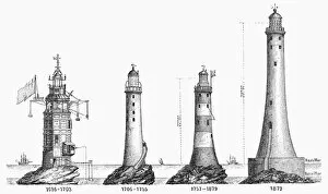 Baroque Architecture Collection: EDDYSTONE LIGHTHOUSE. The developement of the lighthouse on Eddystone Rocks in the English Channel