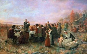 Oil paintings Pillow Collection: THE FIRST THANKSGIVING At Plymouth, Massachusetts. Oil on canvas, 1914, by Jennie A. Brownscombe