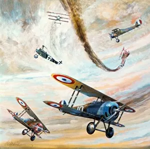 Aviation Premium Framed Print Collection: French and German biplanes in a dogfight during World War I. Painting by Jerome Biederman