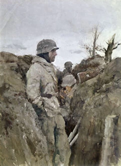 Battlefields Photographic Print Collection: A German soldier in a trench on the Eastern Front during World War II. Painting by A. Hierl, c1945