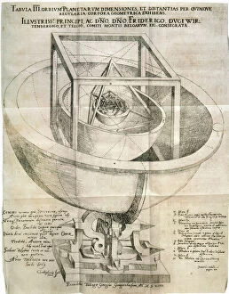 Renaissance art Fine Art Print Collection: Johannes Keplers model of the universe. Line engraving from his Mysterium Cosmographicum, 1596