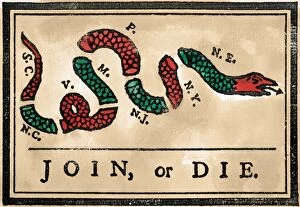 Franklin Collection: JOIN OR DIE CARTOON, 1754. First American political cartoon, originally published by Benjamin