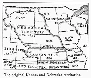 American History Photographic Print Collection: KANSAS-NEBRASKA MAP, 1854. Detail of a map of the United States showing the Kansas