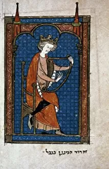 Manuscript Illumination Collection: KING DAVID PLAYING HARP. Miniature illumination, France, late 13th century