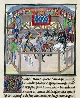 Manuscript Illumination Collection: KNIGHTS IN TOURNAMENT. Knights on horseback in a ring at a medieval tournament