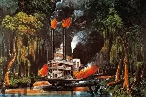 Mississippi River Collection: LOUISIANA: STEAMBOAT, 1865. Through the Bayou by Torchlight. Lithograph, c1865