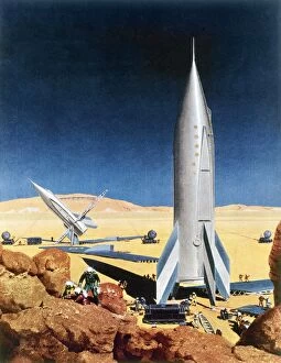 Space exploration Collection: MARS MISSION, 1950s. American magazine illustration by Chesley Bonestell, early 1950s