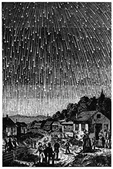 People Collection: METEOR SHOWER, 1833. People observing a meteor storm above a village in 1833