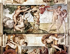 Renaissance Art Tote Bag Collection: MICHELANGELO: ADAM & EVE. The Temptation and Expulsion. Fresco by Michelangelo from the Sistine