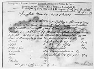 Abraham Lincoln Fine Art Print Collection: Photograph of a tavern license granted to Abraham Lincoln and William F