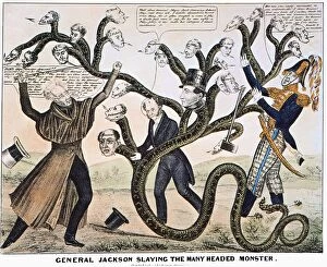 President Collection: President Andrew Jackson destroying the Bank of the United States. Lithograph cartoon, 1828