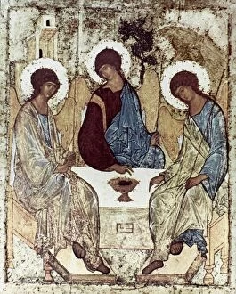 Medieval Art Framed Print Collection: RUSSIAN ICONS: THE TRINITY. By Andrei Rublev. Wood, 1411
