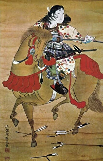Japanese samurai armor Metal Print Collection: Samurai cleaning his sword. Japanese painting, 16-17th century