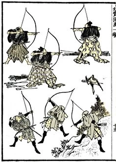 Katsushika Hokusai Metal Print Collection: Six samurai; the upper three at court, practicing their archery; the lower three in traditional