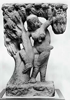Myth Collection: Sandstone sculpture of a Yakshini, a benevolent tree spirit in Sanskrit mythology