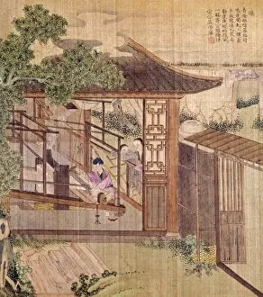 Chinese Art Canvas Print Collection: Silk weaving on a wooden loom. Chinese silk painting, c1650-1726