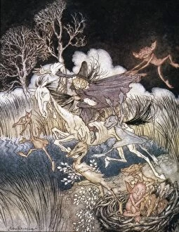 Halloween Pillow Collection: SPIRITS IN SLEEPY HOLLOW. Watercolor by Arthur Rackham for Washington Irvings The Legend of Sleepy