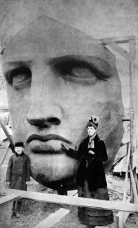 Bronze statues Photographic Print Collection: STATUE OF LIBERTY, 1885. Face of the Statue of Liberty before asemblage at Bedloes Island in New
