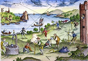 Renaissance art Photo Mug Collection: SURVEYORS. Surveyors at work on land and sea. Colored German engraving, 1594