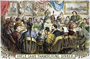 Immigrant Collection: THANKSGIVING CARTOON, 1869. Uncle Sams Thanksgiving Dinner: cartoon, 1869