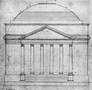 1821 Collection: Thomas Jeffersons plan in his own hand, of the front elevation of the Rotunda of the University of