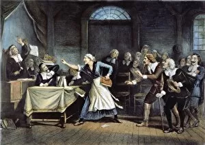 American History Photographic Print Collection: WITCH TRIAL. Trial at Salem, Massachusetts, in 1692. Lithograph by George H. Walker, 1892