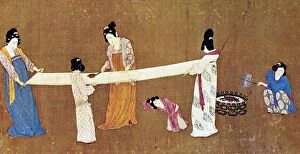 Chinese Art Canvas Print Collection: Women ironing a completed bolt of silk cloth. Detail from Court Ladies Preparing Newly-woven Silk