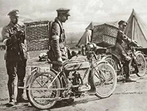 Uniform Collection: WWI: CARRIER PIGEONS. British motorcyclists taking carrier pigeons to front line