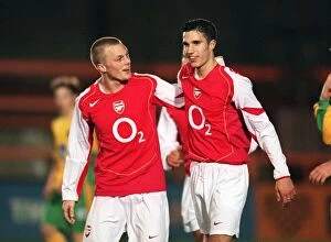 Norwich City Photographic Print Collection: Robin van Persie celebrates scoring for Arsenal with Sebastian Larsson
