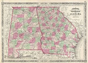 Georgia Pillow Collection: 1865 Johnson Map Of Georgia And Alabama Topography