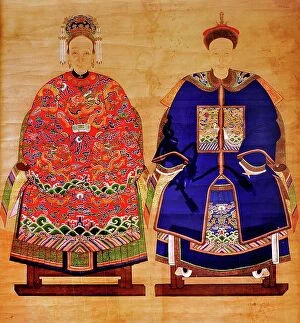 Evolve Mouse Mat Collection: Ancient Chinese painting, portrait of a Chinese dignitary with his wife, tempera on canvas
