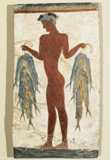 Arms Up Collection: Ancient Greek fresco depicting fisherman, 1500 B. C. from Akrotiri, Thera, Greece