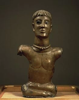 Craft Product Collection: God of Bouray, bronze statuette of male bust, enamel painted eyes, from La Ferle Alois, Essonne